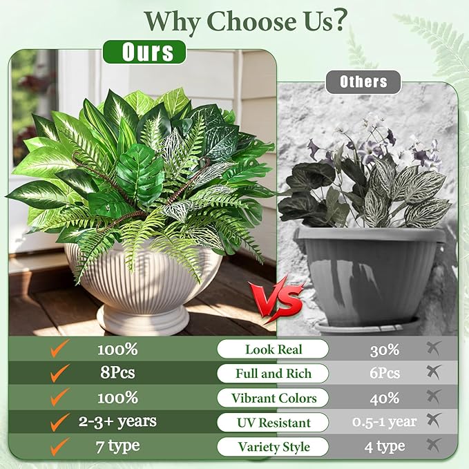 Livole 8 Pcs Artificial Plants Outdoor Faux Plants Fake Greenery Stems with Boston Fern Lavender Morning Glory UV Resistant Artificial Flowers for Outdoors Porch Patio Garden Spring Summer Home Decor