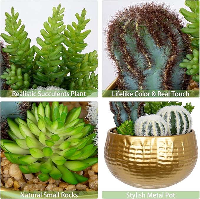 Artificial Cactus Plants Indoor, 7" Assorted Small Faux Succulent in Pots Fake Potted Desk Plant with Gold Bowl Mini Succulents Artificial Cactus Decor for Home Office Bathroom Table Shelf