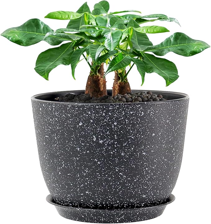 UOUZ 12inch Large Plant Pot, Modern Plastic Planter with High Driange Holes and Saucer for Indoor Outdoor Garden Plants and Flowers, Black Speckles