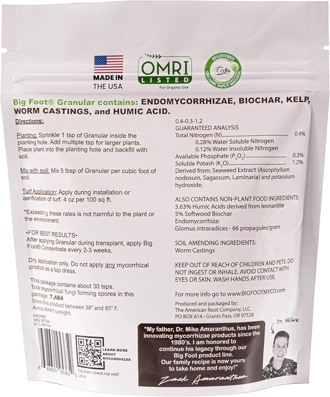 Big Foot Mycorrhizae - Double Your Plant Size, Easy to Use, Made in USA, Treats 30 Plants (7,500 Mycorrhizal Spores) Fertilizer, 4 Ounce Package