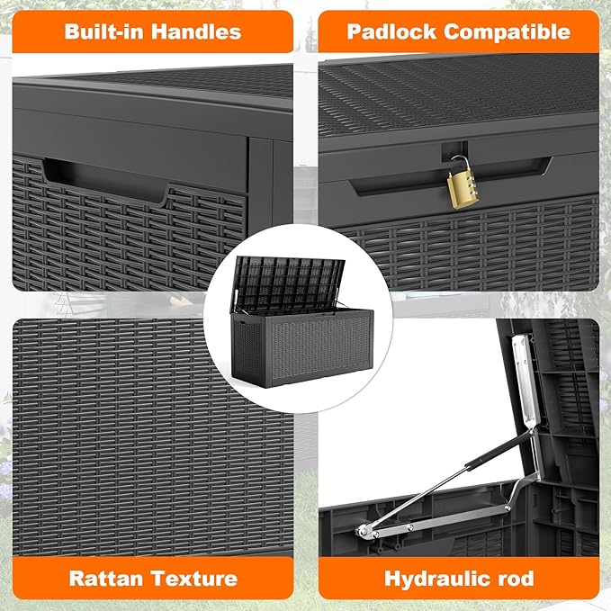 PatioZen 120 Gallon Resin Deck Box, Lockable Weatherproof Outdoor Storage Box for Furniture, Garden Tools and Tools Storage, Waterproof Outside Storage Boxes - Black