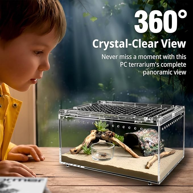 Reptile Terrarium Starter Kit, PC Habitat w/Magnetic Lid & Full Ventilation, Scorpion Habitat, Tarantula Enclosure, Spiders Cage, Insect Terrarium, Mantis & Small Frog Terrarium, 8"x6"x4" Assembled