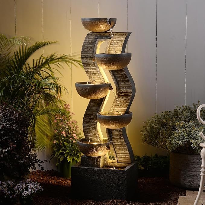 Bumilgar 52.8 Tall Garden Water Fountain Outdoor for Garden, Patio, Backyard, Deck, Porch and Home Art Decor, 6 Tiers Modern Cascading Large Outdoor Fountain with Lights