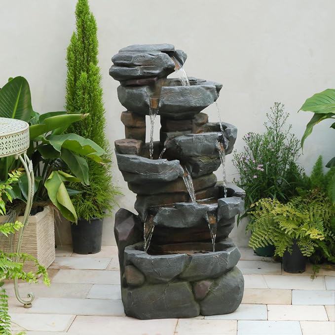 Sunlinua 42" H Outdoor Water Fountain with 5 Tiers Large Cascading Realistic Tree Trunk Waterfall Fountains with LED Lights Outdoor Water Fountain for Garden Patio Backyard Porch Home Decor