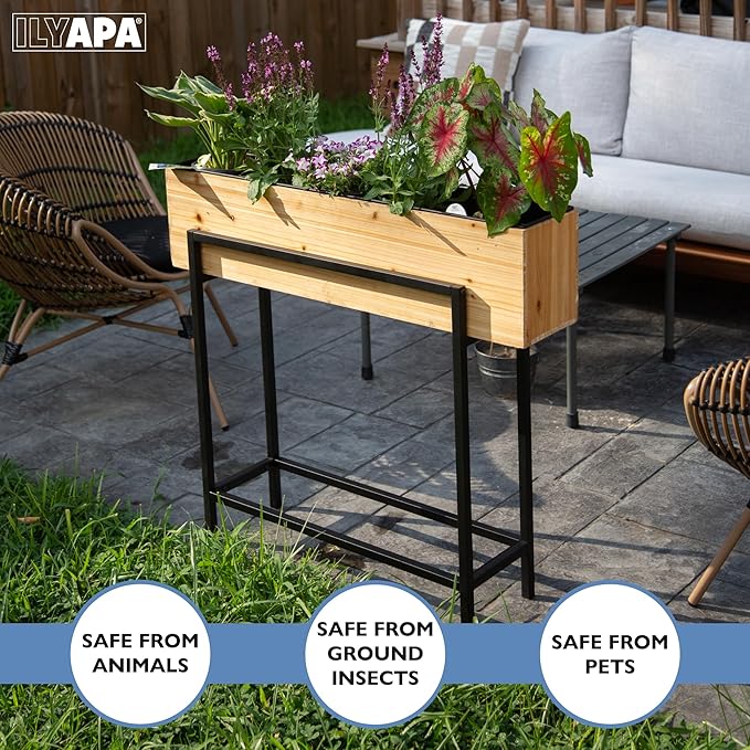 Ilyapa Raised Standing Planter with Legs, Metal and Wood Elevated Planter Box, 33"x35.5"x7", Indoor Outdoor, Perfect for Living Room, Front Porch