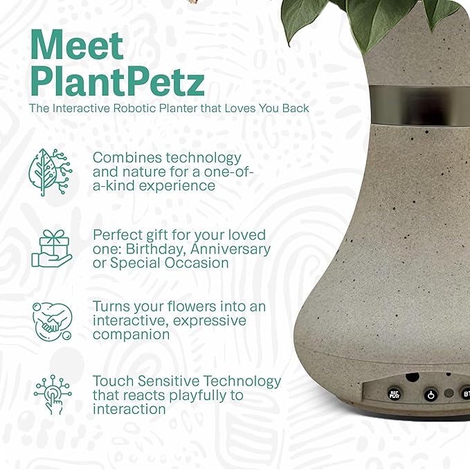 Interactive Robotic Vase for Flower Bouquets - Rustic Sand Speckled| Bluetooth Capable, Touch Sensitive Floral Holder | Record a Message for Mother's Day, Birthdays and More| 6x8.5 Inches