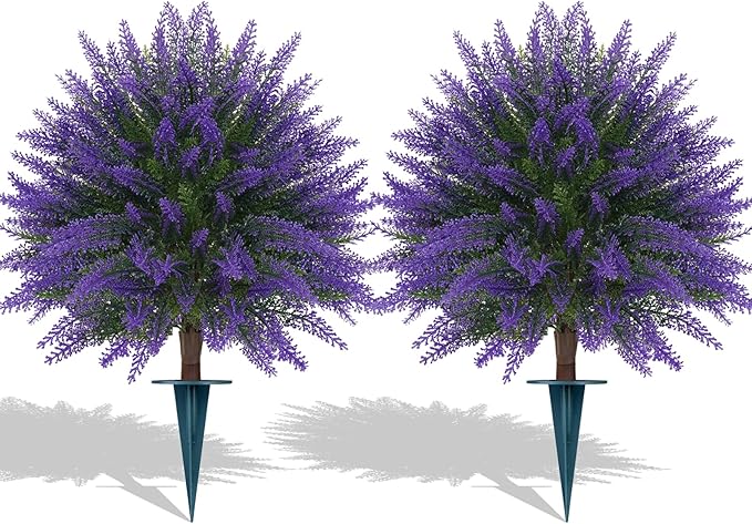 Grooy Artificial Lavender Topiary Ball, Set of 2 Artificial Boxwood Shrub Bushes with Ground Spike, Fake Evergreen Tree for Porch, Artificial Plants for Outdoor Planters Indoor UV Resistant