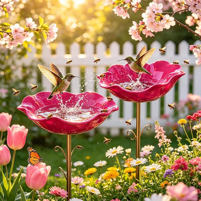 Metal Flower Garden Stakes Bird Bath, Decorative Outdoor Bird Feeder for Garden Yard Art, Handmade Rustproof Metal Flower Stakes for Attracting Birds Backyard Lawn Patio Decorations (Rose Red-2pcs)
