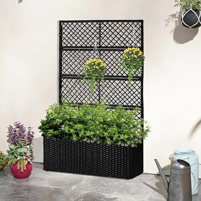 52’’ H Garden Planter Box with Trellis Outdoor for Vine Climbing Plants, Flowers Handwoven Rattan Garden Bed with Removable Liners for Backyard Patio Balcony