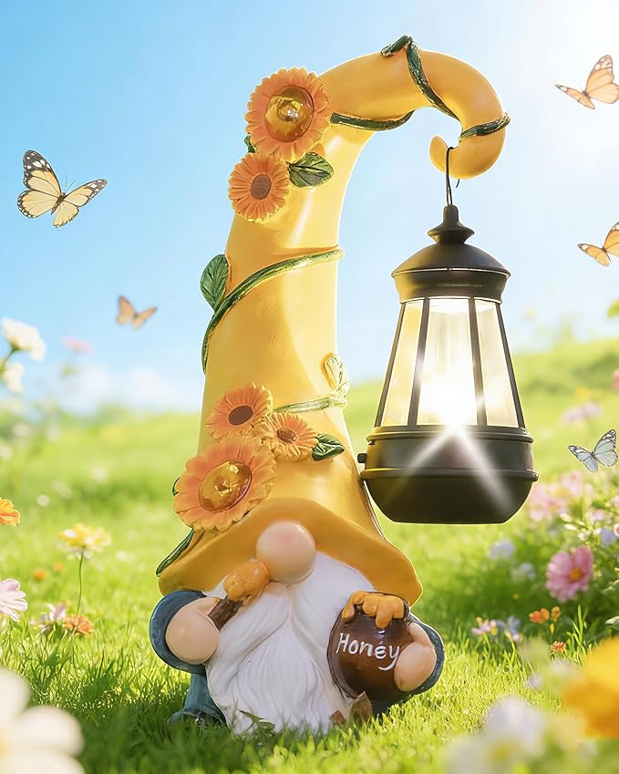 Mothers Day Gifts - Garden Gnome Statue with Solar Lights Large Garden Sculptures Funny Bee Gnome Outdoor Patio Lawn Yard Garden Decor Birthday Gifts for Women Mom 12 in Summer Gnomes Outdoor
