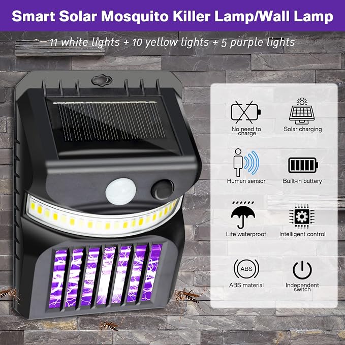 8 Packs Bug Zapper Outdoor 3 in 1 Mosquito Zapper Black Solar Bug Zapper Electric LED Light Mosquito Killer Lamp with Motion Sensor for Outdoor Backyard Patio Camping