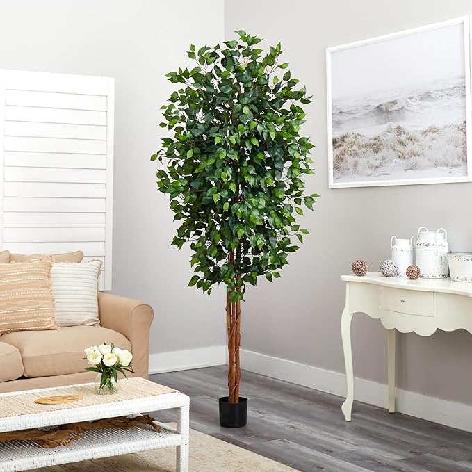 Nearly Natural 7ft Triple Trunk Artificial Ficus Tree with Natural Wood Trunks, Fake Tree For Indoor Home Decor, Faux Ficus Tree with Black Nursery Pot
