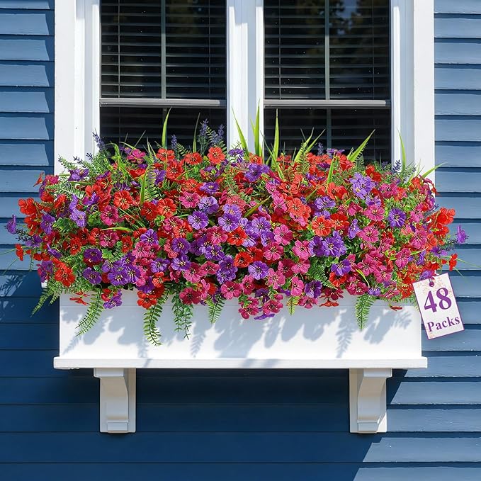 Alupssuc 48 Bundles Artificial Flowers for Outdoors Planters Spring Decoration, UV Resistant Faux Eucalyptus Violet and Lavender Silk Fake Plants for Outside Indoor Yard Home Patio Decor, Mix 3 Colors