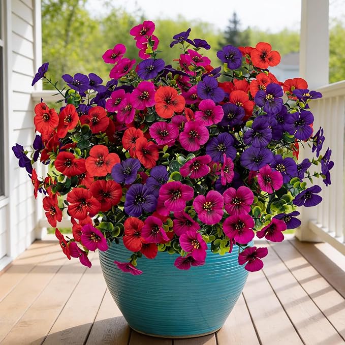 17 Inch Artificial Faux Pansy Flowers for Outdoor,Fake Pansies Flowers with Eucalyptus Leaves Fake Plants Greenery Boxwood Porch Patio Decor 6 Bundles(Red,Rose Red,Dark Purple)