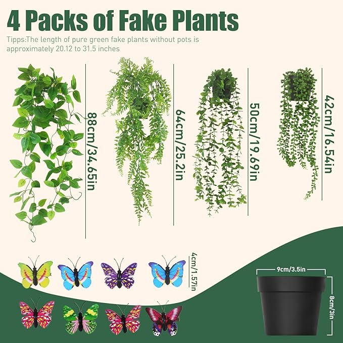 4 Pcs Artificial Hanging Plants with Pots - Realistic Fake Eucalyptus & Ivy Vine Potted Plants for Bathroom Shelf Decor - Faux Greenery Aesthetic for Office Desk, Bookshelf (Indoor & Outdoor)