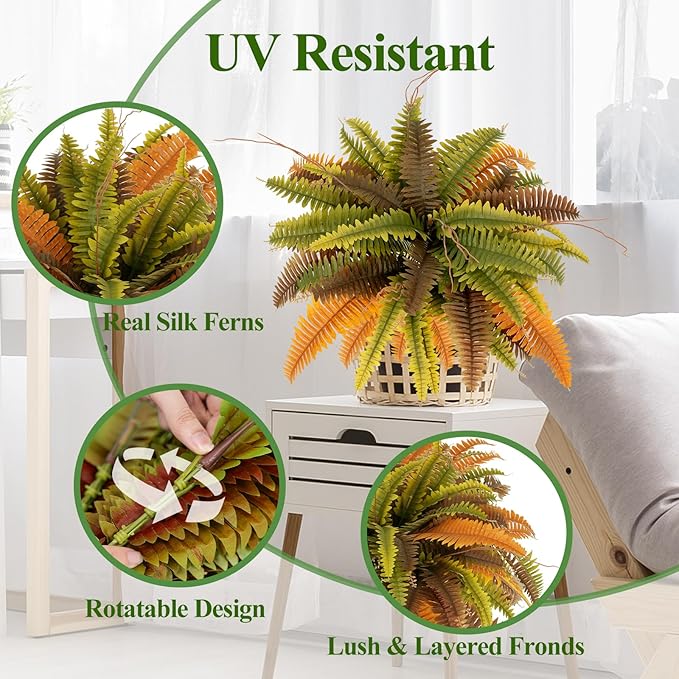 35” Artificial Boston Fern Bush Plant, 2 Faux Ferns for Outdoors Large, Fake Ferns Realistic Artificial Plants with 39 Fronds for Garden Porch Patio Home Office Living Room Decor Yellow