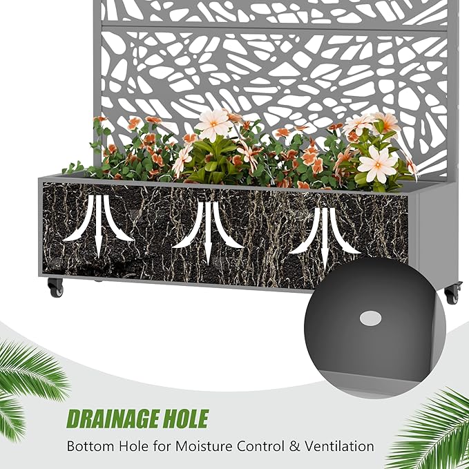 Casaphoria Metal Raised Garden Bed with Trellis and Wheels, 47"x47"x16" Planter Box for Climbing Plants, Vegetables & Vines, Features Drainage Holes and Privacy Screen, Grey-Net