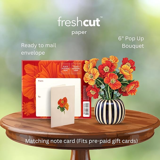 Freshcut Paper Pop Up Cards, Mini French Poppies, 6 Inch Mini Sized Forever Flower Bouquet 3D Popup Greeting Cards, Birthday Cards, Thank You Card, Blank Notecard & Envelope