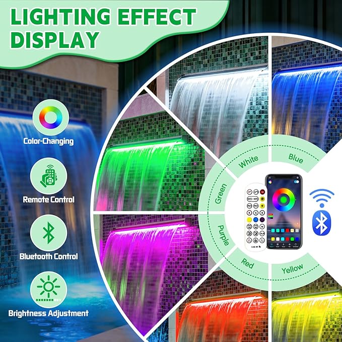 LONGRUN with lid Stainless Steel Waterfall Spillway, APP Control Multi-Color LED Light Outdoor Pool Fountain, Water Spillway Koi Pond Waterfalls Fountains Kit for Garden Patio Swimming Pool-35.4"