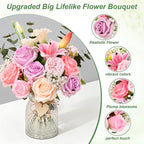 Livole 22Pcs Fake Flowers in Vase Silk Artificial Flowers with Vase & Light Fake Plant Eucalyptus Flower Arrangement for Table Centerpieces Decor for Living Room Coffee Home Farmhouse Purple