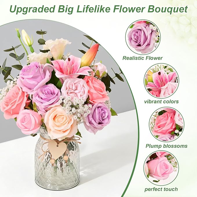 Livole 22Pcs Fake Flowers in Vase Silk Artificial Flowers with Vase & Light Fake Plant Eucalyptus Flower Arrangement for Table Centerpieces Decor for Living Room Coffee Home Farmhouse Purple