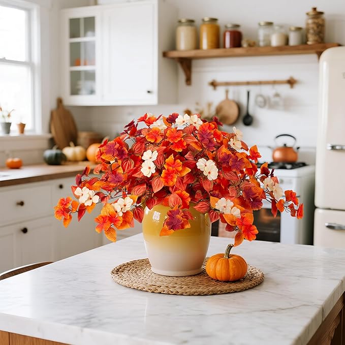 INXUGAO Fake Fall Flowers Artificial for Decoration 2PCS Faux Silk Fall Flowers Plants for Outdoors Outside Planters UV Resistant Looks Real for Front Door Porch Patio Garden Decor