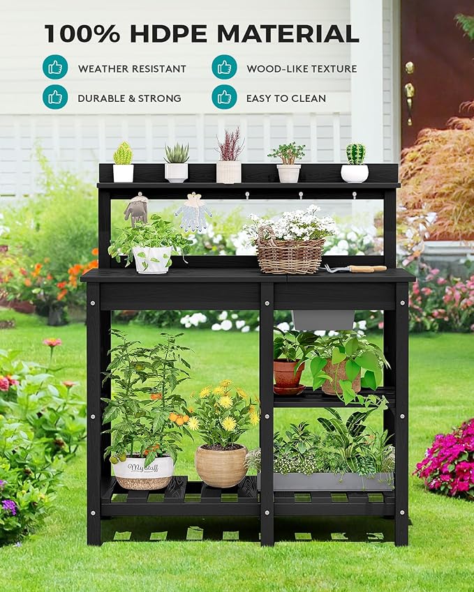 SERWALL Outdoor Potting Bench 2-Piece Set, Rot-Resistant HDPE Potting Table with Removable Sink for Outside Gardening, All-Weather Use - Black