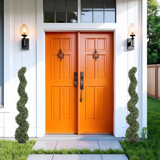 THE BLOOM TIMES 5ft Tall Spiral Topiary Trees Artificial Outdoor Set of 2, UV Resistant Large Faux Evergreen Fake Boxwood Plants for Front Porch Outside Planter Entryway Entrance Decor 5 Foot