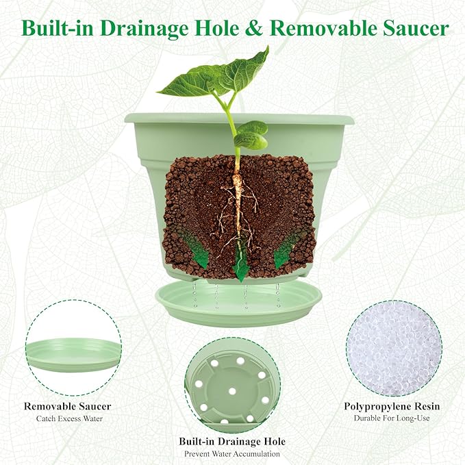 Pottiffe 8 Inch Plastic-Flower Pot-for-Indoor Plants, 4 Pack Large Outdoor Planter Pot with Drainage Holes & Saucers, Resin Decorative Garden Pots Planters