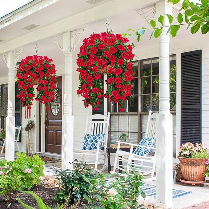 Artificial Geranium Hanging Flowers for Outdoor Decoration, 2 Bundles UV Resistant Silk Geranium Fake Plants Faux Flowers for Front Porch Garden Patio Window Box Outside Indoor Decor (Red)
