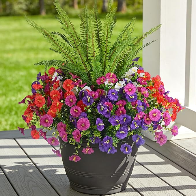 Hrobek Artificial Flowers for Outdoors Faux Plants Outside Indoor,UV Resistant Silk Fake Morning Glory Tall Ferns for Home Patio Garden Back Yard Front Porch Decor (13 Bunches,5 Multi Colors)