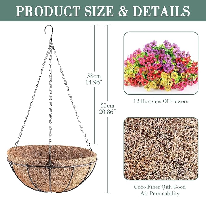 Artificial Flowers Hanging Plants in Basket,Artificial Hanging Flowers for Outdoor Indoor Decor,UV Resistant hanging Baskets with Fake Flowers for Spring Summer Patio Garden Porch Deck Home Decor