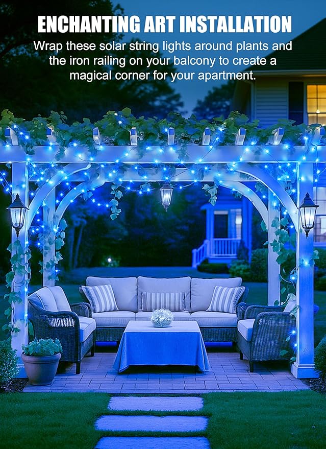 Minetom Solar String Lights for Outside, 33Ft 100 LED Outdoor Solar Fairy Lights, 8 Modes Balcony Lights for Tree Patio Christmas Party Decor (Blue and White)
