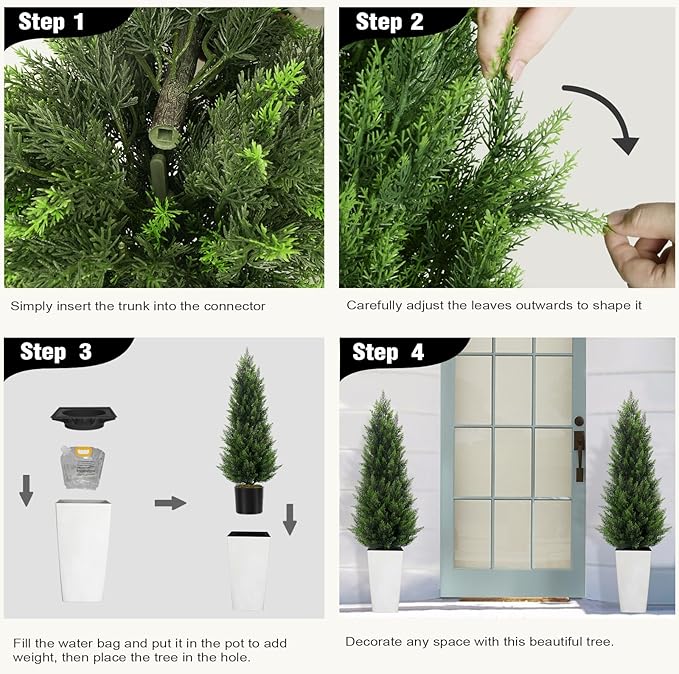 5FT Tall Artificial Cedar Topiary Tree with Compact Pyramidal Shape, Realistic Faux Cypress in Square White Pot with Fillable Water Bag, Outdoor Evergreen for Front Porch Garden Home Decor