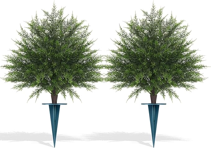 Grooy Artificial Cypress Topiary Bushes with Spike, 2 Pack Faux UV Resistant Cedar Ball Trees for Outdoor Planters, Fake Shrubs Plants for Porch Garden Decor