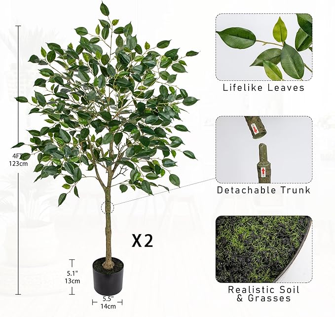 2 Pack Ficus Artificial Trees for Outdoors Indoor, 4ft Big Fake Plants with Pot and Realistic Leaves, Faux Plants Tall Outdoor for Home,Office, Living Room, Garden Decor