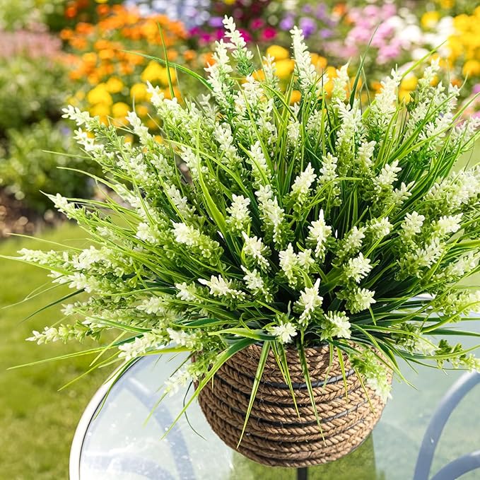 Artificial Plants for Outdoors, 10 Bundles Fake Monkey Grass with White Spring Flowers, Faux Plants Outdoor UV Resistant Realistic Greenery for Garden Window Patio Hanging Porch Home Decoration