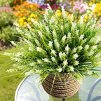Artificial Plants for Outdoors, 20 Bundles Fake Monkey Grass with White Spring Summer Flowers, Faux Plants Outdoor UV Resistant Realistic Greenery for Garden Window Patio Hanging Porch Home Decoration