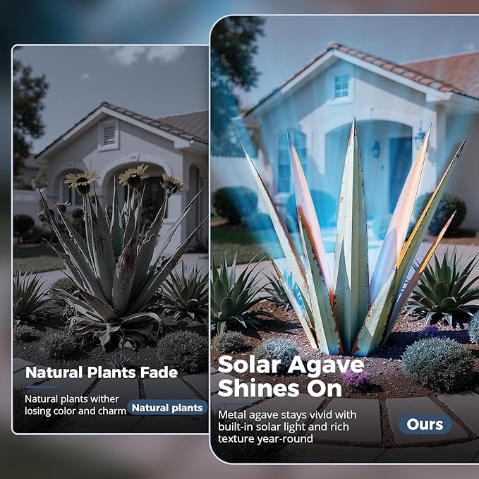 24” Large Solar Metal Agave Plants Outdoor Decor, Tequila Rustic Sculpture Outdoor Statues, Garden Sculpture for Patio Path Courtyard and Lawn (Vintage Blue-Solar Light)