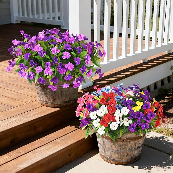 Artificial Impatiens Flowers for Outdoors, 6 Bundles Multicolor Silk Fake Flowers for Spring Summer Decoration, UV Resistant Faux Plants Plastic Bouquet for Home Planter Porch Patio Yard Decor