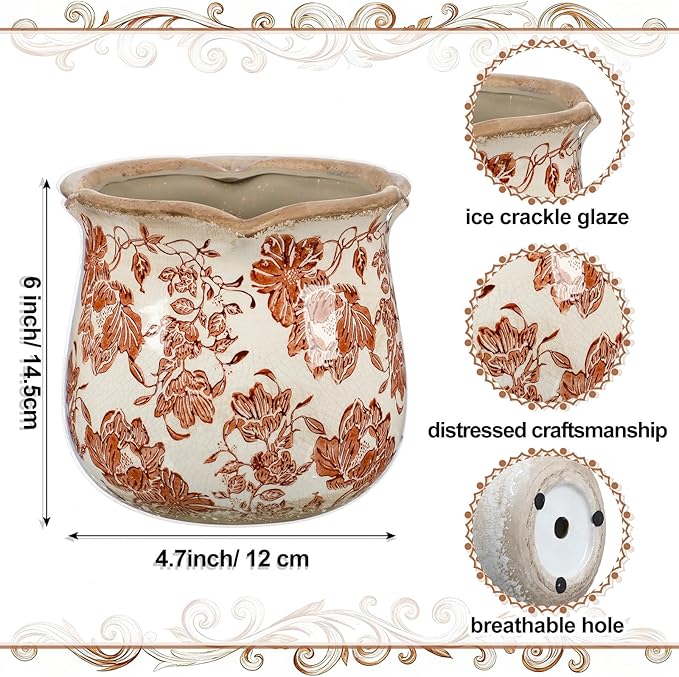 Newtay 6 Inch Ceramic Plants Pots Vintage Ceramic Flower Planters Crackle Glaze Finish Flower Pots Decorative Floral Vintage Planters for Living Room Garden Home Decor Gifts(Fresh)