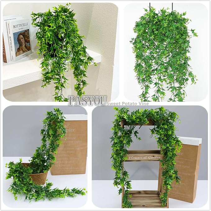 Fake Hanging Plants Decoration, PASYOU Artificial Vine Ivy Sweet Potato Leaves Plastic Foliage Vines, UV Resistant Greenery Flowers for Indoor Outdoor Home Garden Wall Wedding Party Table Green 4 Pack