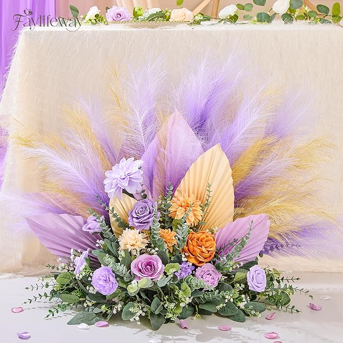 50 PCS Purple Pampas Grass, 17in Pampas Grass Decor, Artificial Pompas Wall Decor for Vase Room Bedroom Kitchen Table Wedding Party Birthday Baby Showers（Purple）