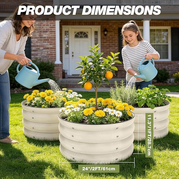 SHALL 8PC Galvanized Raised Garden Bed Kit, 3Pc 2x2x1ft Round Planter Boxes Outdoor W/Mini Seed Spreader, Disk Seeder, 2X Seeding Transplanters, Protective Gloves for Flowers Fruits Vegetables Herbs