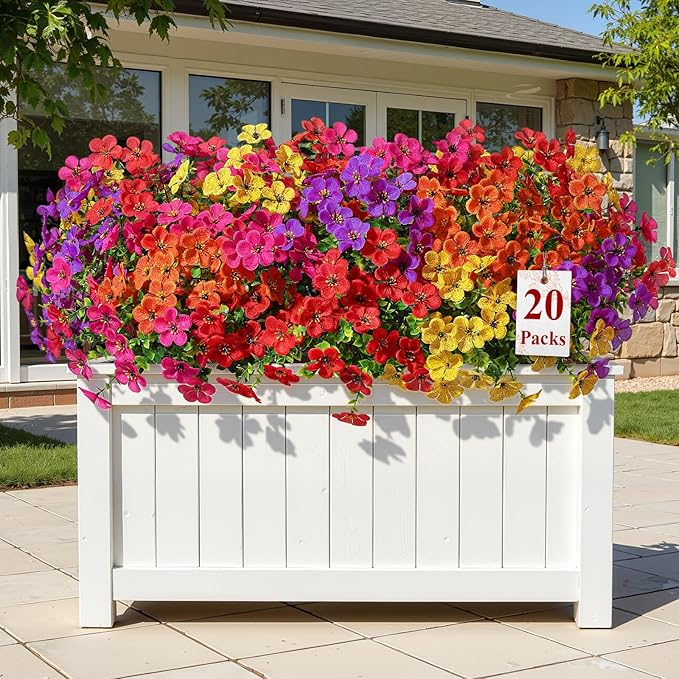 Alupssuc 20 Bundles Artificial Flowers for Outdoor Indoor Decoration, UV Resistant No Fade Fake Plants Eucalyptus, Colorful Faux Spring Flowers for Outside Yard Porch Patio Garden Home Window Box