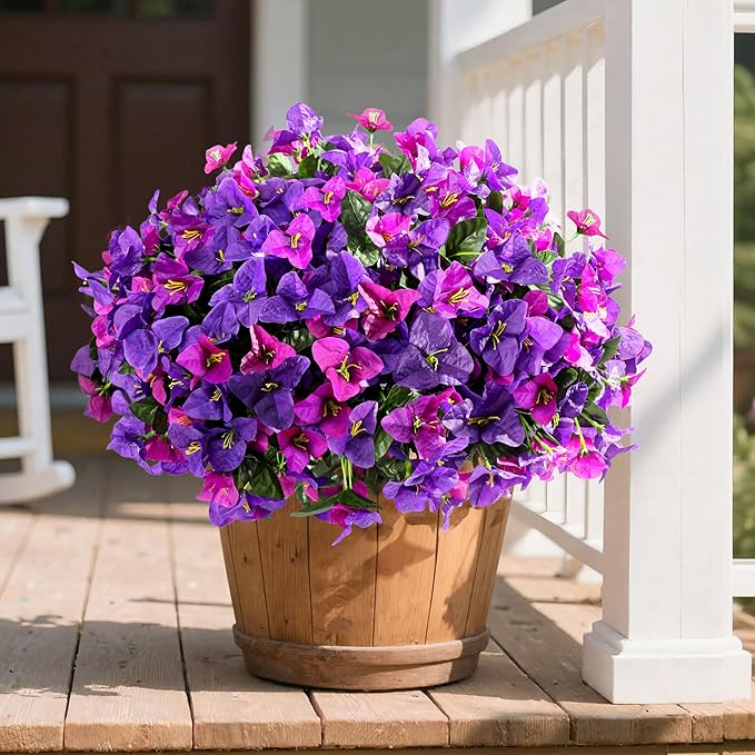 Artificial Flowers Plants for Outdoors Spring Summer Decor, 4 Bundles Fake Bougainvillea Silk Outside Flowers UV Resistant Look Real for Outdoor Planter Patio Porch Window Garden Home, PurpleFuchsia