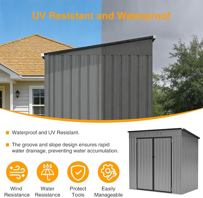 6 x 4 FT Storage Shed, Metal Sheds & Outdoor Storage with Sloping Roof and Lockable Door, Outdoor Shed for Backyard Garden Patio and Lawn,Grey