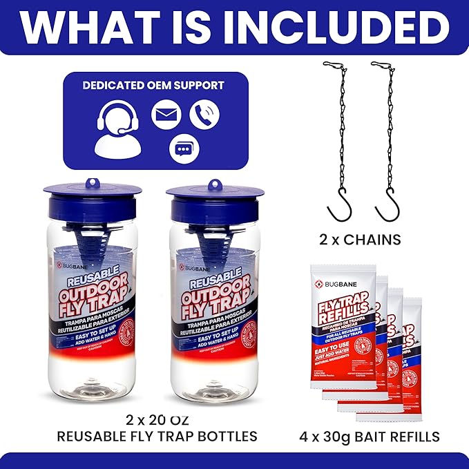 2 Fly Traps Outdoor Fly Trap for Patio with 4 Non-Toxic Dissolvable Bait Refills. Reusable Hanging Bug Catcher Killer for All Filth Flies for Outside Bug Control Yard Ranch. Hanging Chains Included.