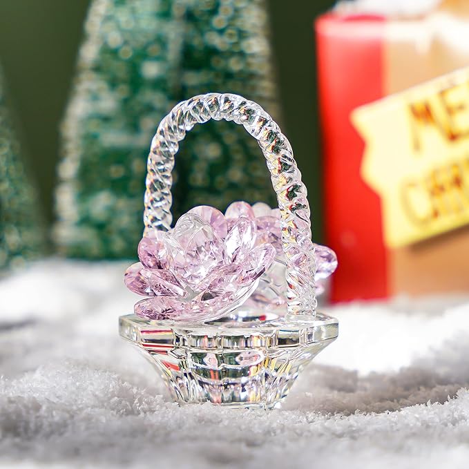 H&D HYALINE & DORA Glass Rose Flower Gift for Women Handcraft Pink Crystal Rose Flower Basket Figurine for Valentine's Day Mother's Day Christmas