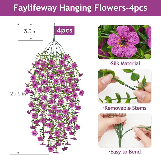 Artificial Hanging Flowers for Outdoors Spring Summer Decoration, 4PCS UV Resistant Silk Fake Hanging Plants for Patio Porch Front Yard Window Garden Indoor Decor(Purple,4PCS)
